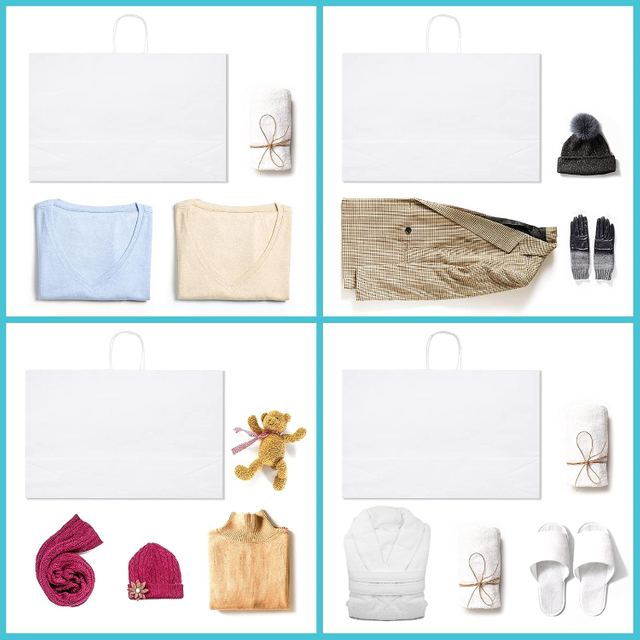 Bolsas de compras grandes blancas impresas con logotipo personalizado con asas, bolsas de regalo de papel Kraft, bolsas de papel para comestibles para Boutique