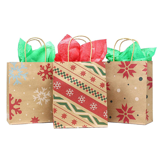 Bolsas de regalo de Navidad impresas personalizadas con papel de seda, bolsas de regalo de Navidad con asa, cestas de regalo navideñas