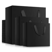 Bolsas de papel Kraft negras personalizadas para envolver regalos, bolsas de compras reciclables reutilizables de alta resistencia a granel para negocios minoristas de comestibles Boutique