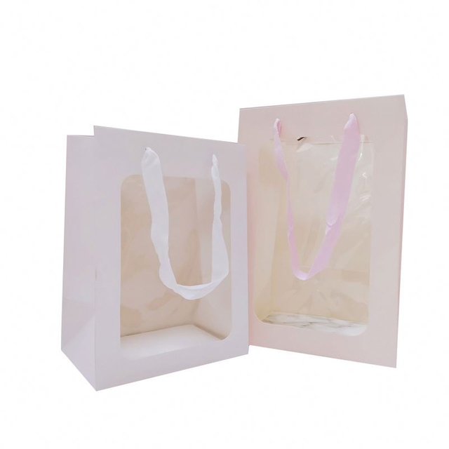 Bolsa de papel transparente al por mayor con ventana, tablero de marfil blanco, bolsa de papel para embalaje de regalo de flores frescas con ventana transparente