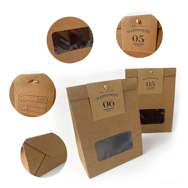 Bolsa de embalaje de caja de galletas de pastelería marrón personalizada, bolsas de pan de papel Kraft con ventana