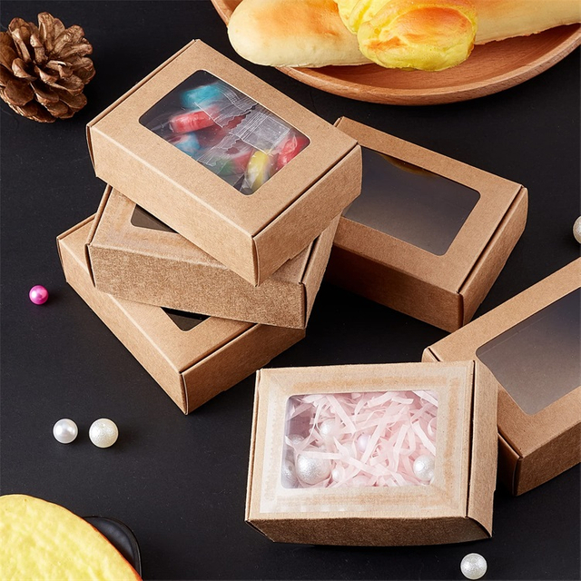 Caja de regalo con ventana rectangular, cajas de embalaje plegables de jabón de papel Kraft marrón con ventana