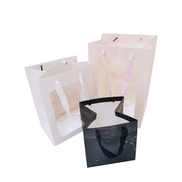Bolsa de papel transparente al por mayor con ventana, tablero de marfil blanco, bolsa de papel para embalaje de regalo de flores frescas con ventana transparente