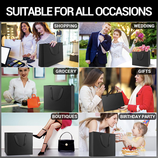 Bolsas de papel Kraft negras personalizadas para envolver regalos, bolsas de compras reciclables reutilizables de alta resistencia a granel para negocios minoristas de comestibles Boutique