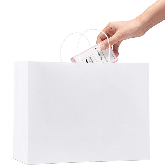 Bolsas de compras grandes blancas impresas con logotipo personalizado con asas, bolsas de regalo de papel Kraft, bolsas de papel para comestibles para Boutique
