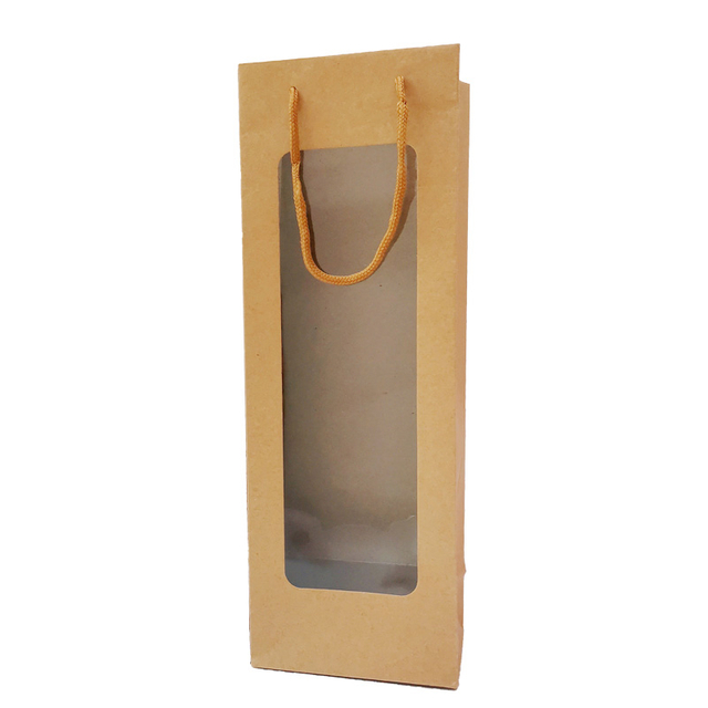 Cree bolsas de papel para requisitos particulares de la tarjeta de la botella de vino del bolso del regalo del papel de la botella de vino con la ventana del PVC