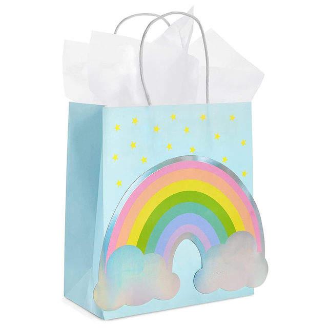 El arco iris de encargo imprimió los bolsos del regalo de cumpleaños de la fiesta de bienvenida al bebé de la bolsa de papel de los favores de partido con el logotipo